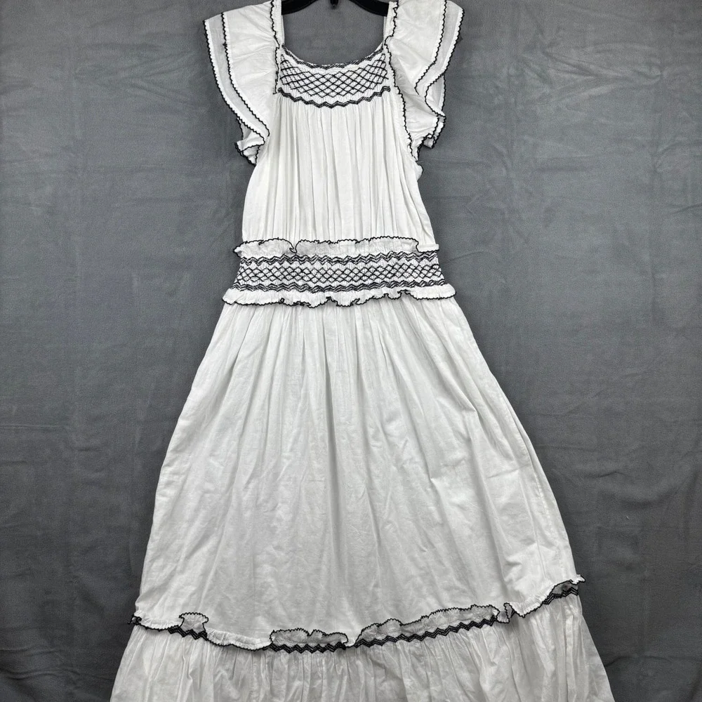 Cleobella White Maxi Dress Ruffle Sleeves Smocked‎ Boho Organic Cotton Medium